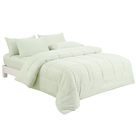 ชุดผ้าปูที่นอน 6 ฟุต 6 ชิ้น ibed ลายสี่เหลี่ยม Light Green พร้อมผ้านวมเย็บติด_0
